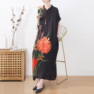 Pop-Colored Flowers Black Jacquard Dress Modest Loose Shirt Dress