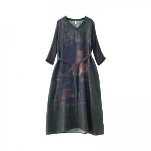 Dark Green Printed Front Tie Dress Silk Sleeves Elegant Dress