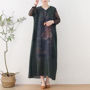 Dark Green Printed Front Tie Dress Silk Sleeves Elegant Dress