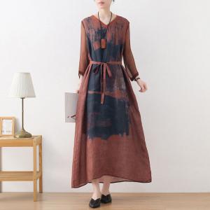 Dark Green Printed Front Tie Dress Silk Sleeves Elegant Dress