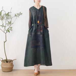 Dark Green Printed Front Tie Dress Silk Sleeves Elegant Dress