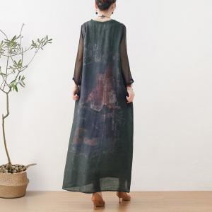 Dark Green Printed Front Tie Dress Silk Sleeves Elegant Dress