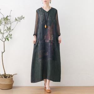 Dark Green Printed Front Tie Dress Silk Sleeves Elegant Dress