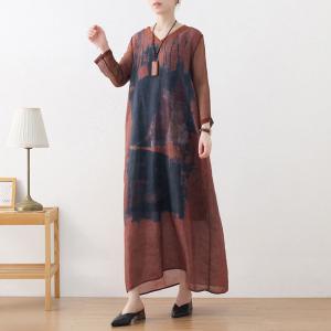 Dark Green Printed Front Tie Dress Silk Sleeves Elegant Dress