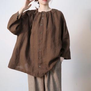 Tied Collar Long Sleeves Blouse Back Buttons Coffee Linen Shirt