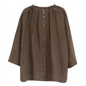 Tied Collar Long Sleeves Blouse Back Buttons Coffee Linen Shirt