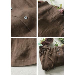 Tied Collar Long Sleeves Blouse Back Buttons Coffee Linen Shirt