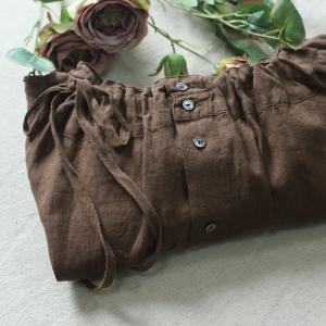 Tied Collar Long Sleeves Blouse Back Buttons Coffee Linen Shirt