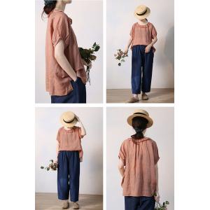 Flouncing Collar Short Sleeves Blouse Lightweight Ramie Blouse