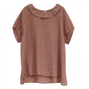 Flouncing Collar Short Sleeves Blouse Lightweight Ramie Blouse