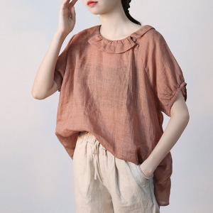 Flouncing Collar Short Sleeves Blouse Lightweight Ramie Blouse