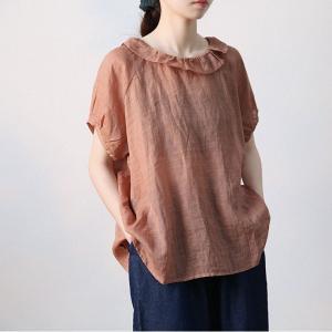 Flouncing Collar Short Sleeves Blouse Lightweight Ramie Blouse