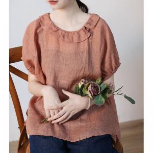 Flouncing Collar Short Sleeves Blouse Lightweight Ramie Blouse