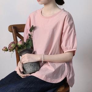 Puff Sleeves Crew Neck Tee Womens Cotton Pink T-shirt