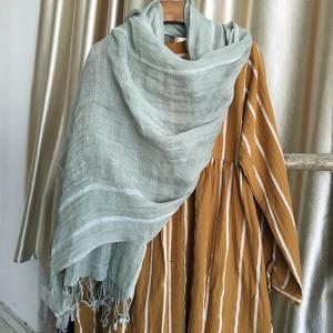 Summer Linen Fringed Shawl Striped Light Green Scarf