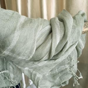 Summer Linen Fringed Shawl Striped Light Green Scarf