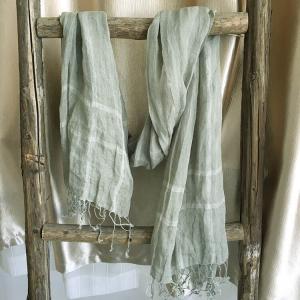 Summer Linen Fringed Shawl Striped Light Green Scarf