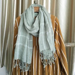 Summer Linen Fringed Shawl Striped Light Green Scarf