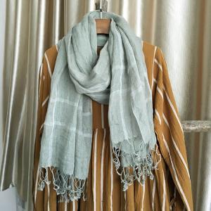 Summer Linen Fringed Shawl Striped Light Green Scarf