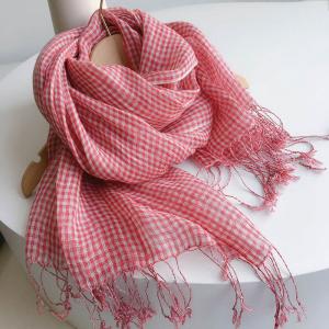 Small Plaid Red Tassel Scarf Black Checkered Linen Shawl