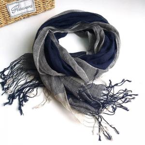 Fall Fashion Navy Blue Linen Scarf Breathable Tassel Shawl