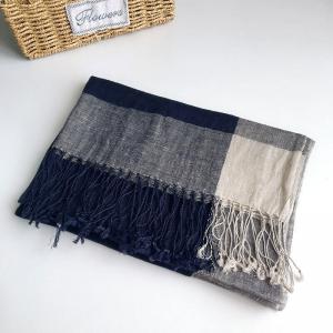 Fall Fashion Navy Blue Linen Scarf Breathable Tassel Shawl