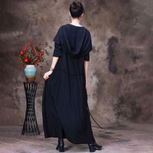Unique Design Black Hooded Dress Tied Cloak Dress