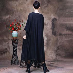 Dolman Sleeves Black Tassel Dress Plus Size Designer Caftan