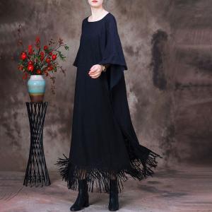 Dolman Sleeves Black Tassel Dress Plus Size Designer Caftan