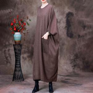 Slanted Buttons Sweater Caftan Dress Dolman Sleeves Wool Dress