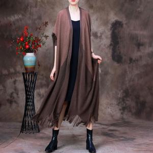 Fringed Hem Long Sweater Cardigan Contrast Colored Knit Overcoat