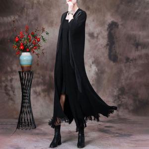 Fringed Hem Long Sweater Cardigan Contrast Colored Knit Overcoat