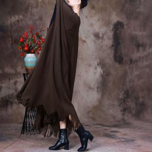 Fringed Hem Long Sweater Cardigan Contrast Colored Knit Overcoat