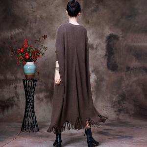 Fringed Hem Long Sweater Cardigan Contrast Colored Knit Overcoat
