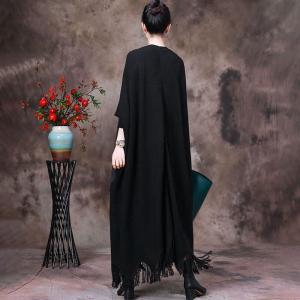 Fringed Hem Long Sweater Cardigan Contrast Colored Knit Overcoat