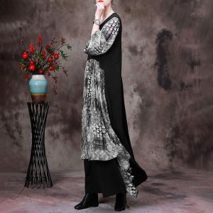 Loose-Fit Printed Layering Dress Long Sleeves Silk Fall Dress