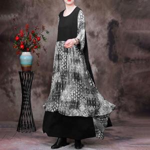 Loose-Fit Printed Layering Dress Long Sleeves Silk Fall Dress