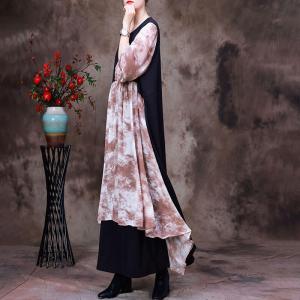 Loose-Fit Printed Layering Dress Long Sleeves Silk Fall Dress