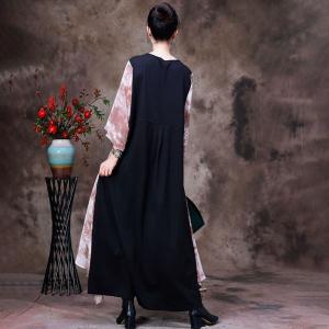 Loose-Fit Printed Layering Dress Long Sleeves Silk Fall Dress