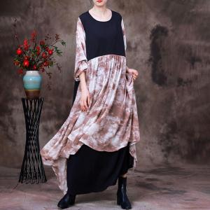 Loose-Fit Printed Layering Dress Long Sleeves Silk Fall Dress