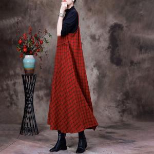 Preppy Style Red Tartan Dress Linen Checker Overall Dress