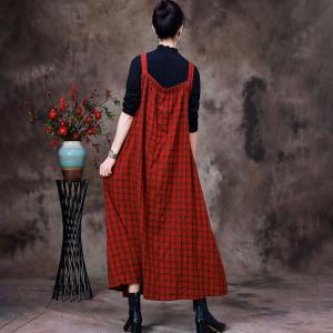 Preppy Style Red Tartan Dress Linen Checker Overall Dress