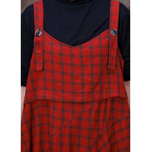 Preppy Style Red Tartan Dress Linen Checker Overall Dress