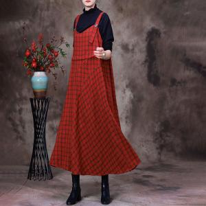 Preppy Style Red Tartan Dress Linen Checker Overall Dress