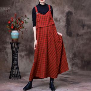 Preppy Style Red Tartan Dress Linen Checker Overall Dress