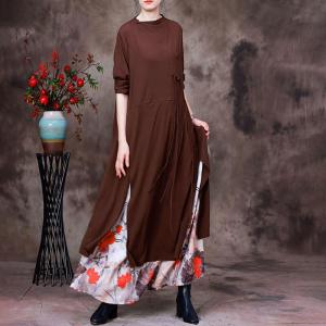 Printed Hem Layering Slit Dress Long Sleeves Side Tied Dress