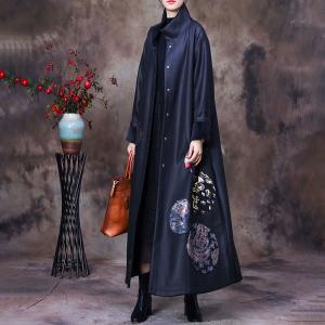Flowers Patchwork Black Long Coat Stand Collar Silky Coat
