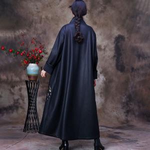 Flowers Patchwork Black Long Coat Stand Collar Silky Coat
