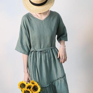 Comfy Green Linen Beach Dress Tied Waist Fringed Midi Dress