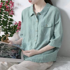 Chest Flap Pockets Linen Blouse Comfy Oversized Work Wear